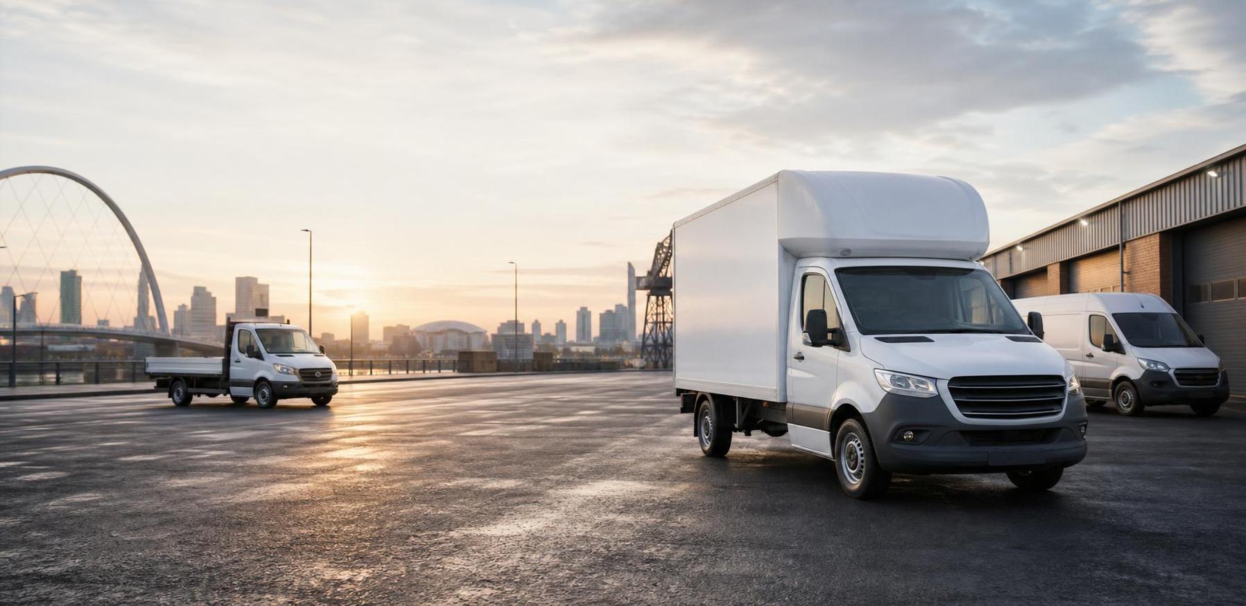 Clean white Luton van with supporting hire fleet in a Glasgow roadside industrial setting