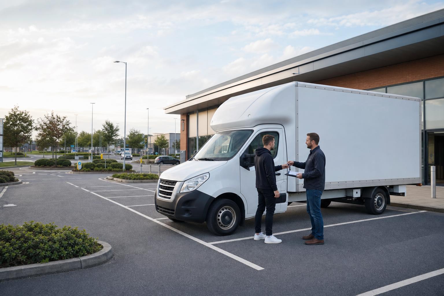 Customer collecting a white Luton hire van in a retail park setting in East Kilbride